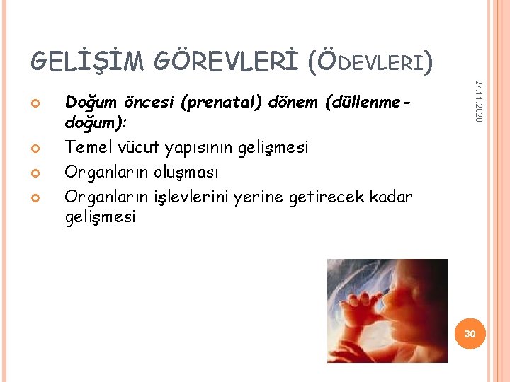 GELİŞİM GÖREVLERİ (ÖDEVLERI) Doğum öncesi (prenatal) dönem (düllenmedoğum): Temel vücut yapısının gelişmesi Organların oluşması GELİŞİM GÖREVLERİ (ÖDEVLERI) Doğum öncesi (prenatal) dönem (düllenmedoğum): Temel vücut yapısının gelişmesi Organların oluşması