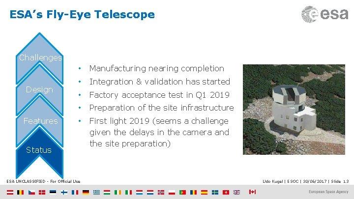 ESA’s Fly-Eye Telescope Challenges Design Features • Manufacturing nearing completion • Integration & validation