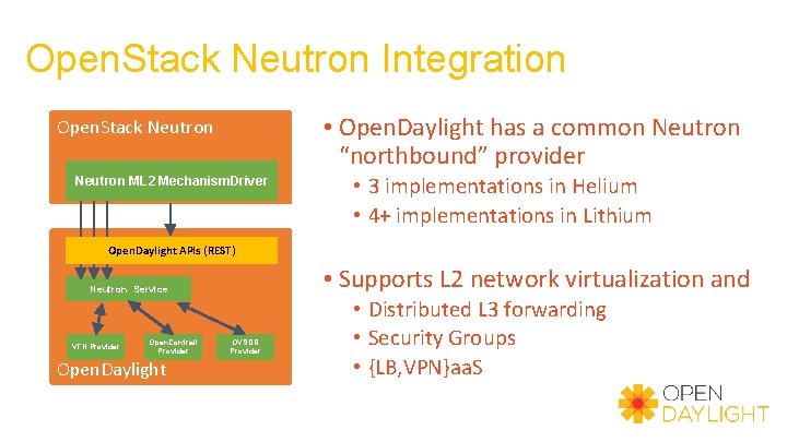 Open. Stack Neutron Integration • Open. Daylight has a common Neutron “northbound” provider Open.
