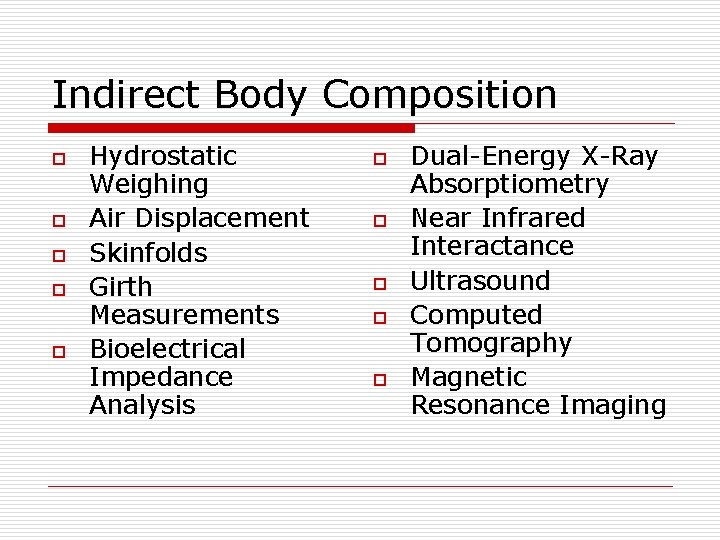 Indirect Body Composition o o o Hydrostatic Weighing Air Displacement Skinfolds Girth Measurements Bioelectrical