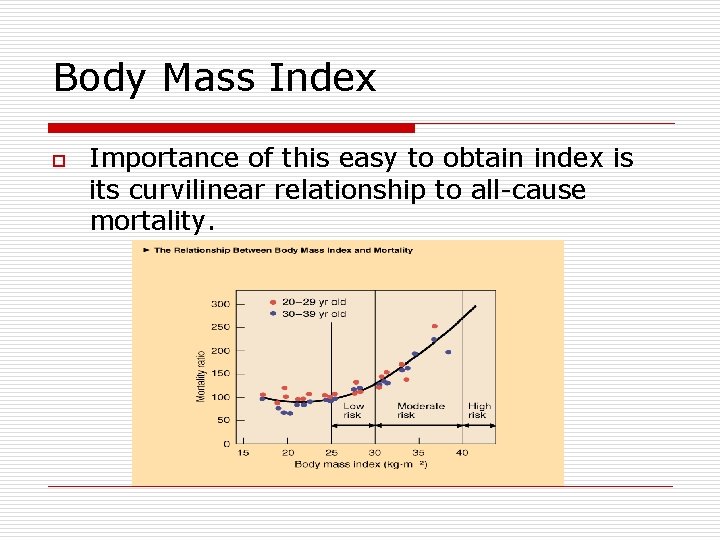 Body Mass Index o Importance of this easy to obtain index is its curvilinear
