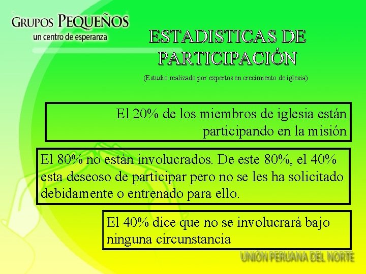 ESTADISTICAS DE PARTICIPACIÓN (Estudio realizado por expertos en crecimiento de iglesia) El 20% de