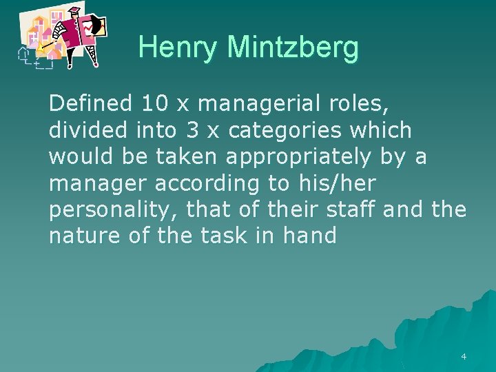 Henry Mintzberg Defined 10 x managerial roles, divided into 3 x categories which would