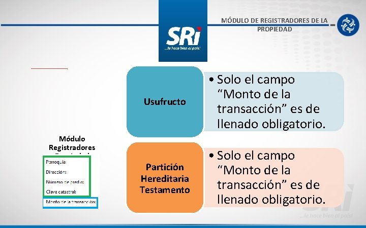 MÓDULO DE REGISTRADORES DE LA PROPIEDAD Módulo Registradores Propiedad Usufructo • Solo el campo