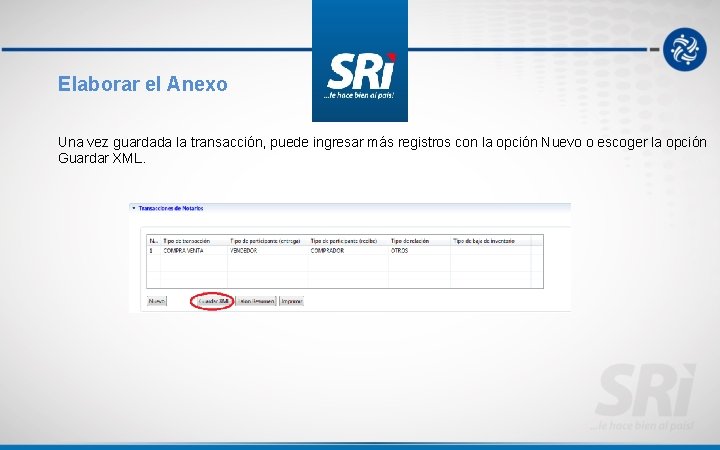 Elaborar el Anexo Una vez guardada la transacción, puede ingresar más registros con la