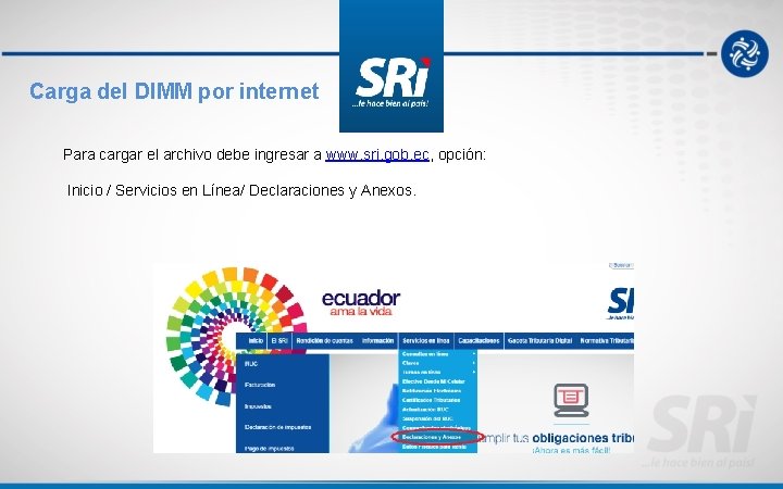Carga del DIMM por internet Para cargar el archivo debe ingresar a www. sri.