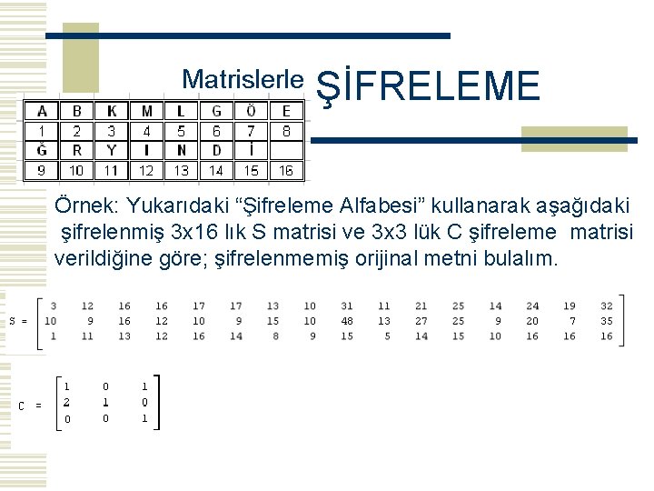 Matrislerle ŞİFRELEME Örnek: Yukarıdaki “Şifreleme Alfabesi” kullanarak aşağıdaki şifrelenmiş 3 x 16 lık S