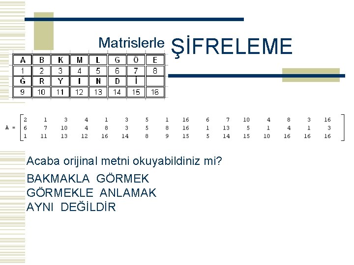 Matrislerle ŞİFRELEME Acaba orijinal metni okuyabildiniz mi? BAKMAKLA GÖRMEKLE ANLAMAK AYNI DEĞİLDİR 