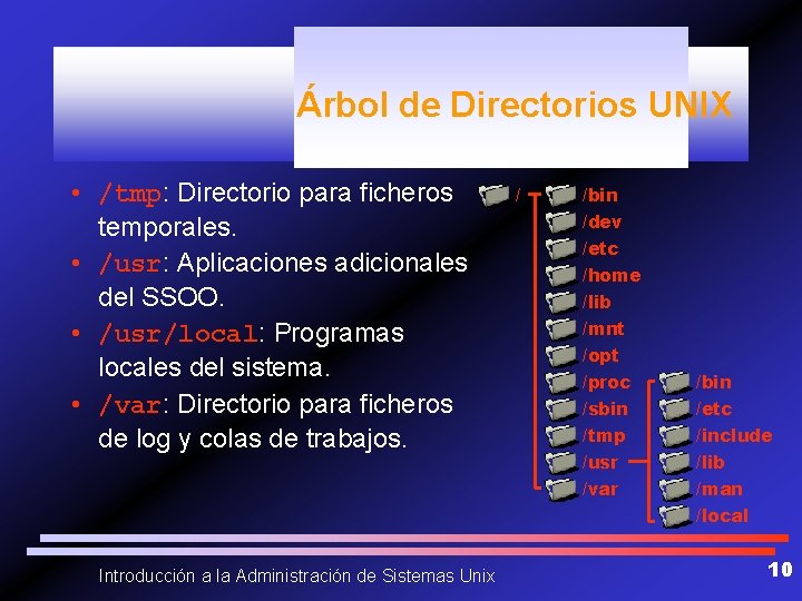 Árbol de Directorios UNIX • /tmp: Directorio para ficheros temporales. • /usr: Aplicaciones adicionales