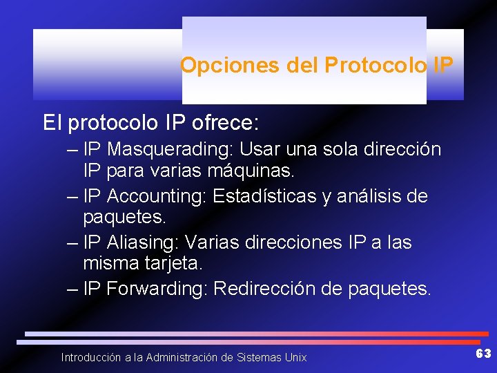 Opciones del Protocolo IP El protocolo IP ofrece: – IP Masquerading: Usar una sola