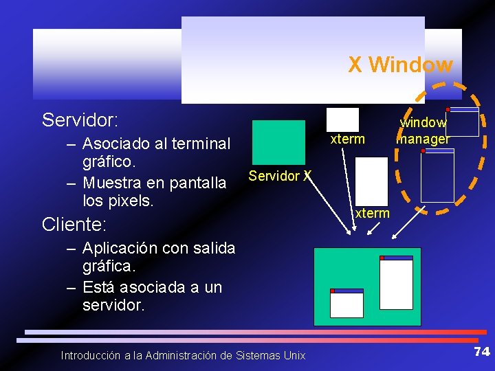 X Window Servidor: – Asociado al terminal gráfico. – Muestra en pantalla los pixels.