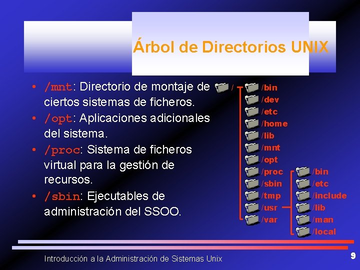 Árbol de Directorios UNIX • /mnt: Directorio de montaje de ciertos sistemas de ficheros.