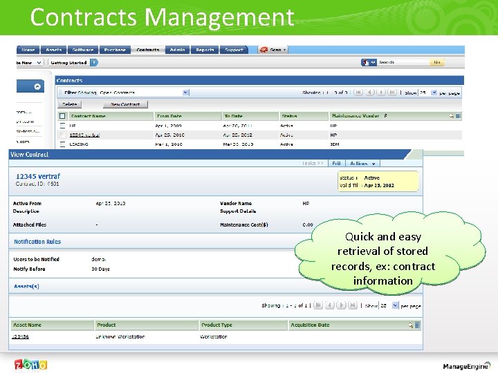 Contracts Management Quick and easy retrieval of stored records, ex: contract information 