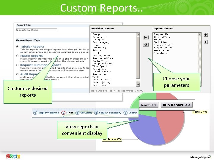 Custom Reports. . Choose your parameters Customize desired reports View reports in convenient display