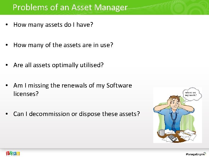 Problems of an Asset Manager • How many assets do I have? • How