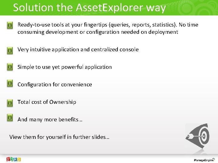 Solution the Asset. Explorer way • Ready-to-use tools at your fingertips (queries, reports, statistics).