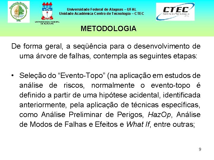 Universidade Federal de Alagoas – UFAL Unidade Acadêmica Centro de Tecnologia – CTEC METODOLOGIA