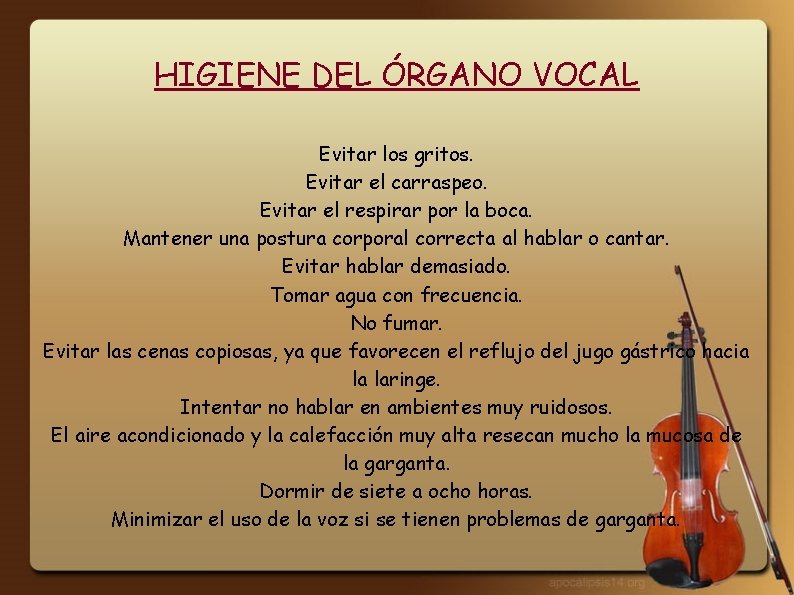 HIGIENE DEL ÓRGANO VOCAL Evitar los gritos. Evitar el carraspeo. Evitar el respirar por