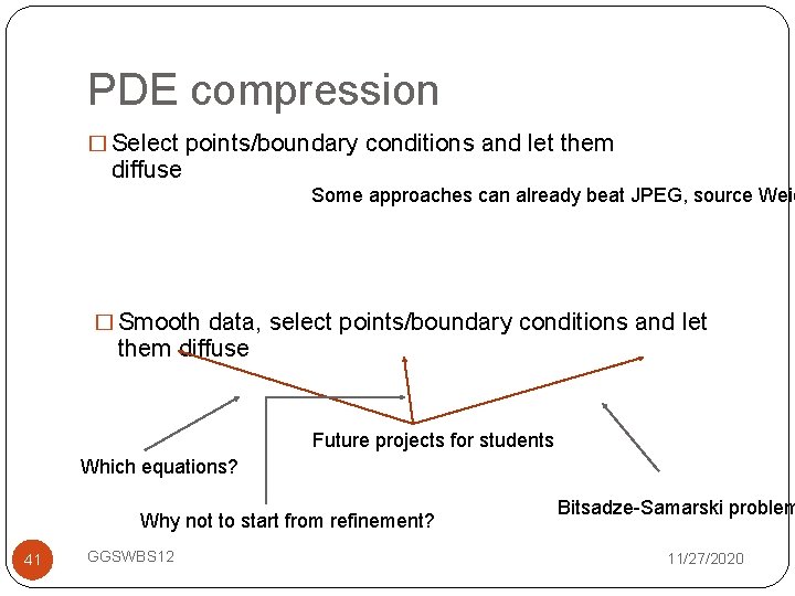 PDE compression � Select points/boundary conditions and let them diffuse Some approaches can already