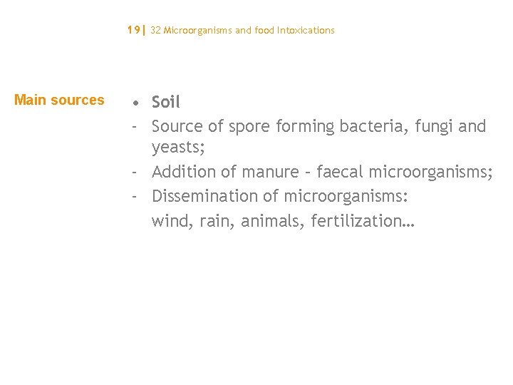 19| 32 Microorganisms and food Intoxications Main sources • Soil - Source of spore