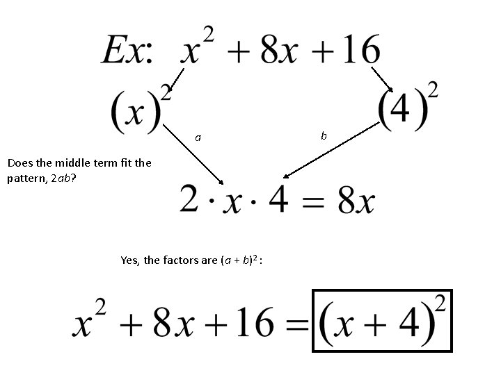 a Does the middle term fit the pattern, 2 ab? Yes, the factors are