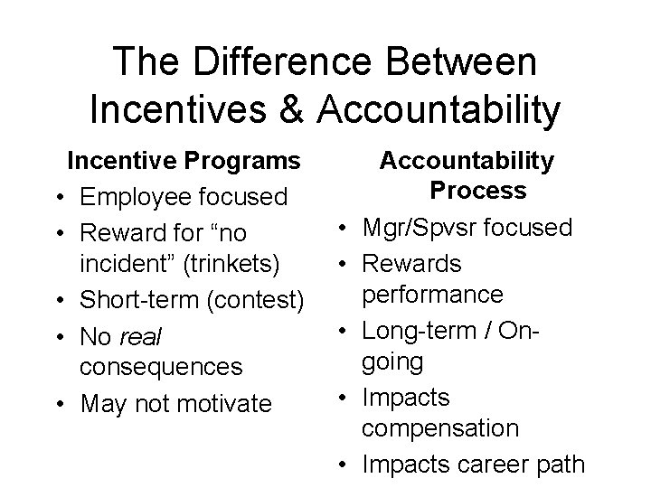 The Difference Between Incentives & Accountability Incentive Programs • Employee focused • Reward for