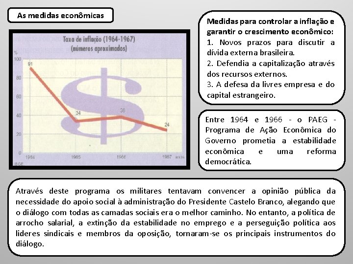 As medidas econômicas Medidas para controlar a inflação e garantir o crescimento econômico: 1.