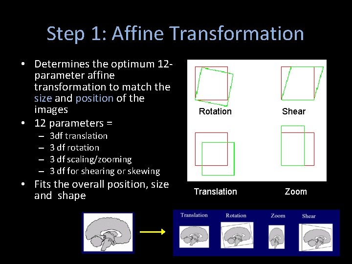 Step 1: Affine Transformation • Determines the optimum 12 parameter affine transformation to match