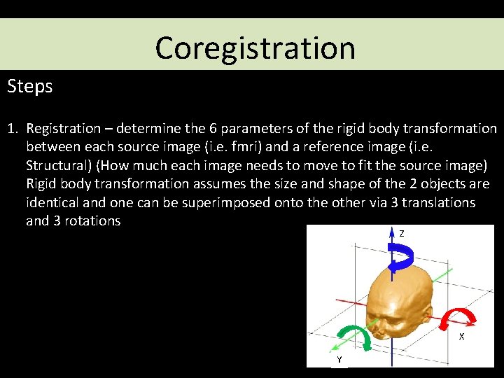Coregistration Steps 1. Registration – determine the 6 parameters of the rigid body transformation