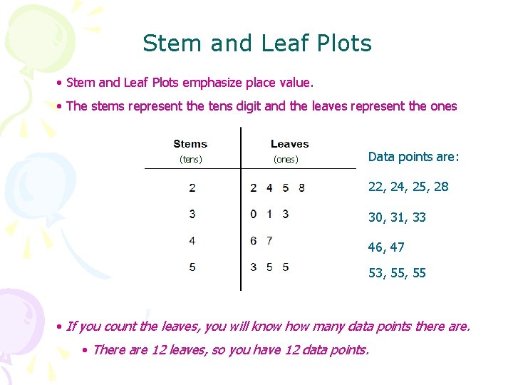 Stem and Leaf Plots • Stem and Leaf Plots emphasize place value. • The