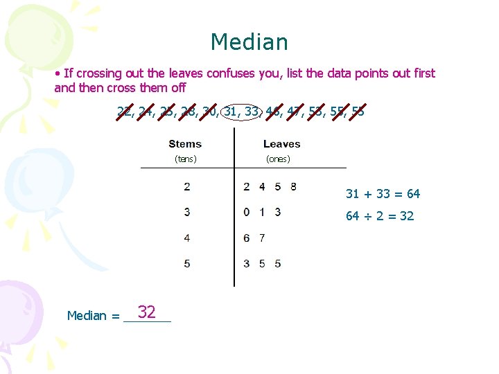 Median • If crossing out the leaves confuses you, list the data points out