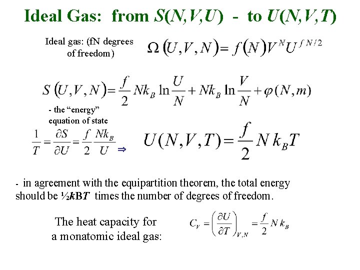 Ideal Gas: from S(N, V, U) - to U(N, V, T) Ideal gas: (f.