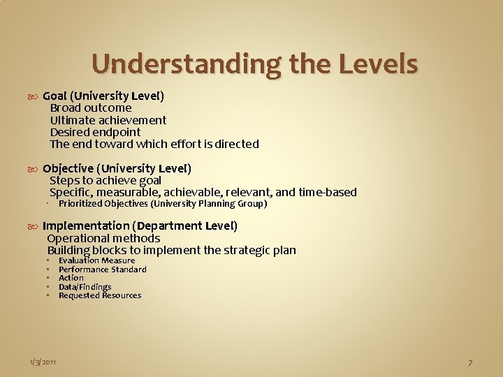 Understanding the Levels Goal (University Level) Broad outcome Ultimate achievement Desired endpoint The end