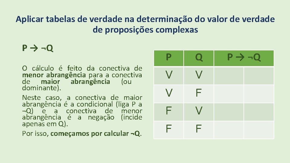 Aplicar tabelas de verdade na determinação do valor de verdade de proposições complexas P