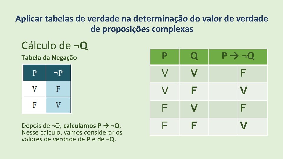 Aplicar tabelas de verdade na determinação do valor de verdade de proposições complexas Cálculo