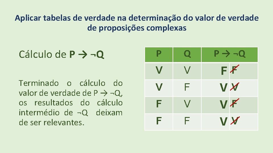 Aplicar tabelas de verdade na determinação do valor de verdade de proposições complexas Cálculo