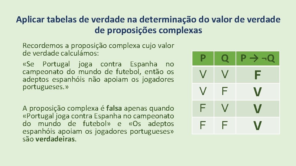 Aplicar tabelas de verdade na determinação do valor de verdade de proposições complexas Recordemos