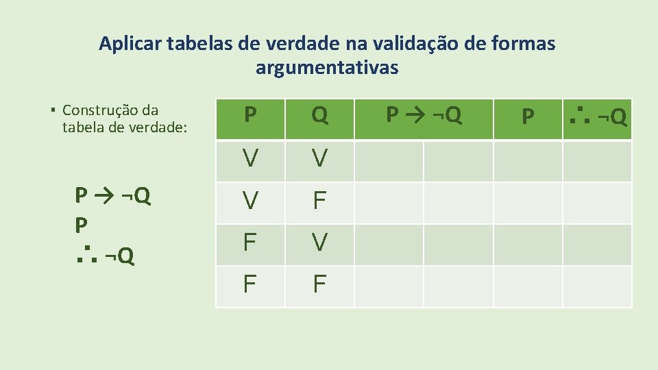 Aplicar tabelas de verdade na validação de formas argumentativas ▪ Construção da tabela de