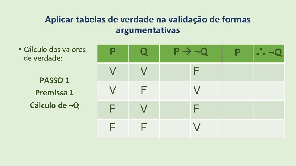 Aplicar tabelas de verdade na validação de formas argumentativas ▪ Cálculo dos valores de