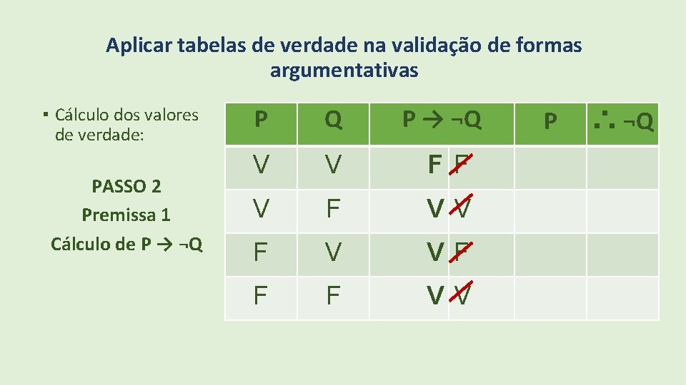 Aplicar tabelas de verdade na validação de formas argumentativas ▪ Cálculo dos valores de