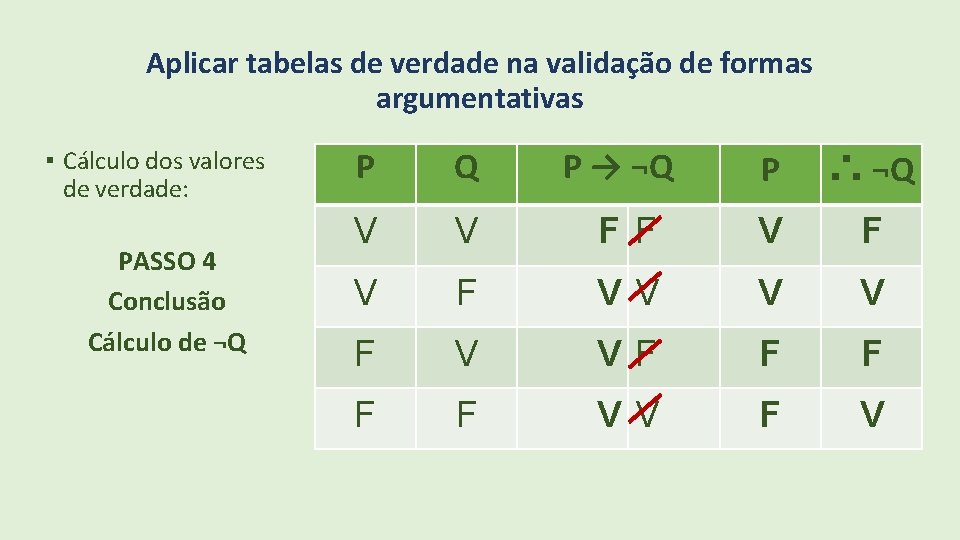 Aplicar tabelas de verdade na validação de formas argumentativas ▪ Cálculo dos valores de