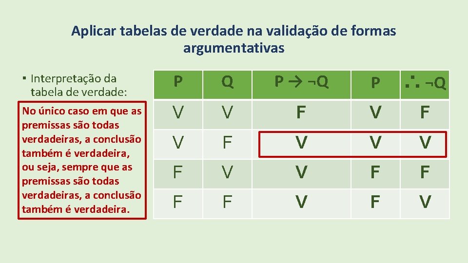 Aplicar tabelas de verdade na validação de formas argumentativas ▪ Interpretação da tabela de