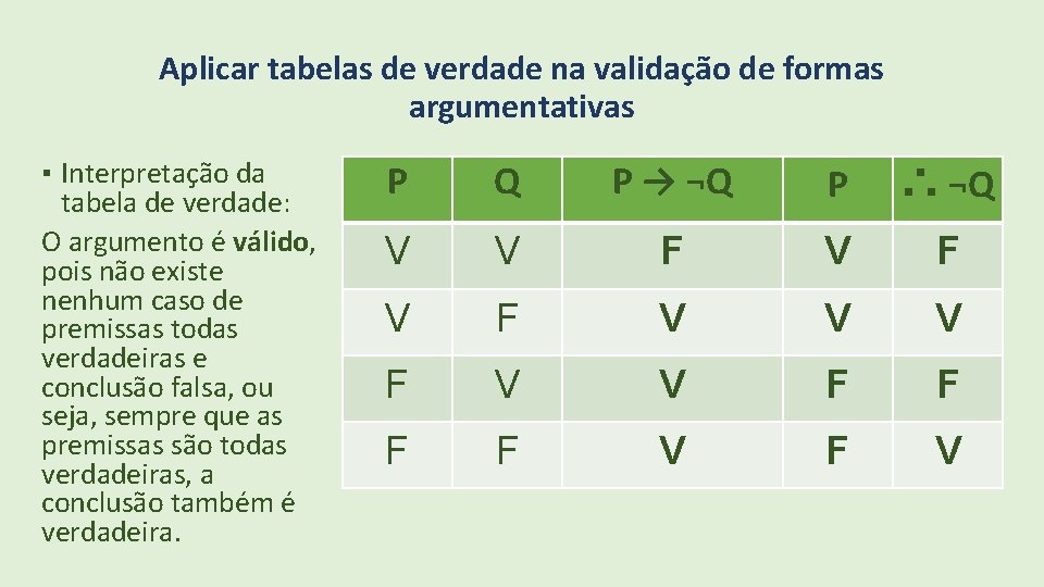 Aplicar tabelas de verdade na validação de formas argumentativas ▪ Interpretação da tabela de