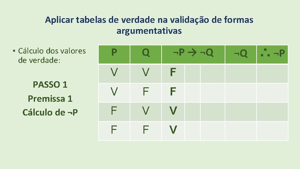Aplicar tabelas de verdade na validação de formas argumentativas ▪ Cálculo dos valores de
