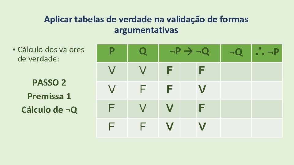 Aplicar tabelas de verdade na validação de formas argumentativas ▪ Cálculo dos valores de