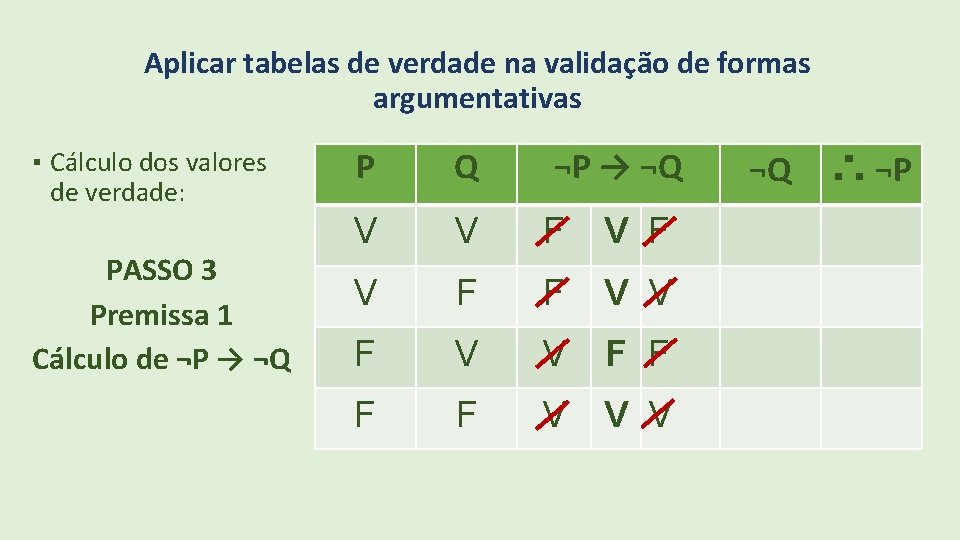 Aplicar tabelas de verdade na validação de formas argumentativas ▪ Cálculo dos valores de