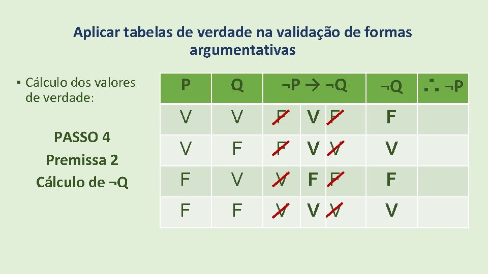 Aplicar tabelas de verdade na validação de formas argumentativas ▪ Cálculo dos valores de