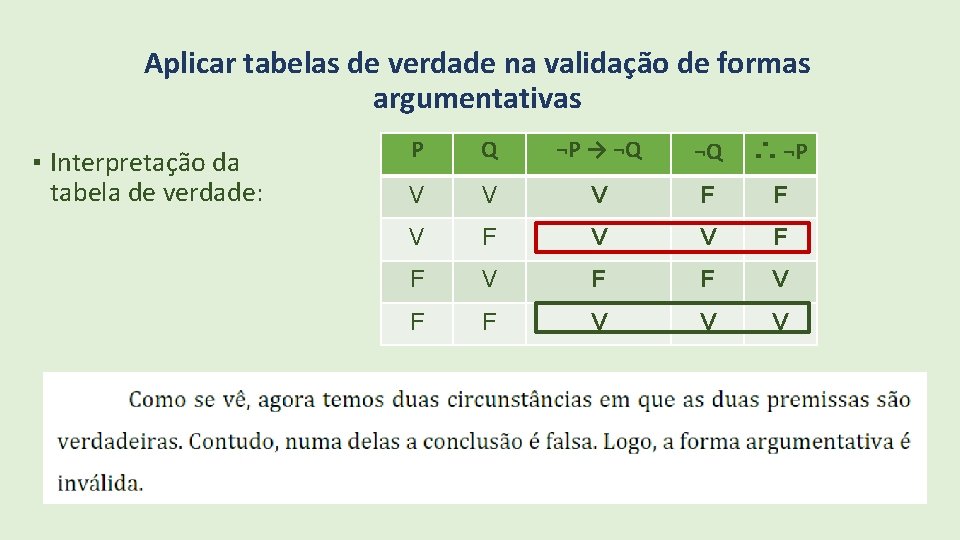 Aplicar tabelas de verdade na validação de formas argumentativas ▪ Interpretação da tabela de