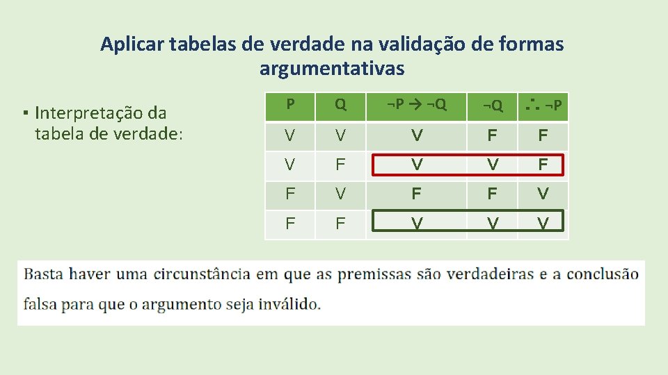 Aplicar tabelas de verdade na validação de formas argumentativas ▪ Interpretação da tabela de