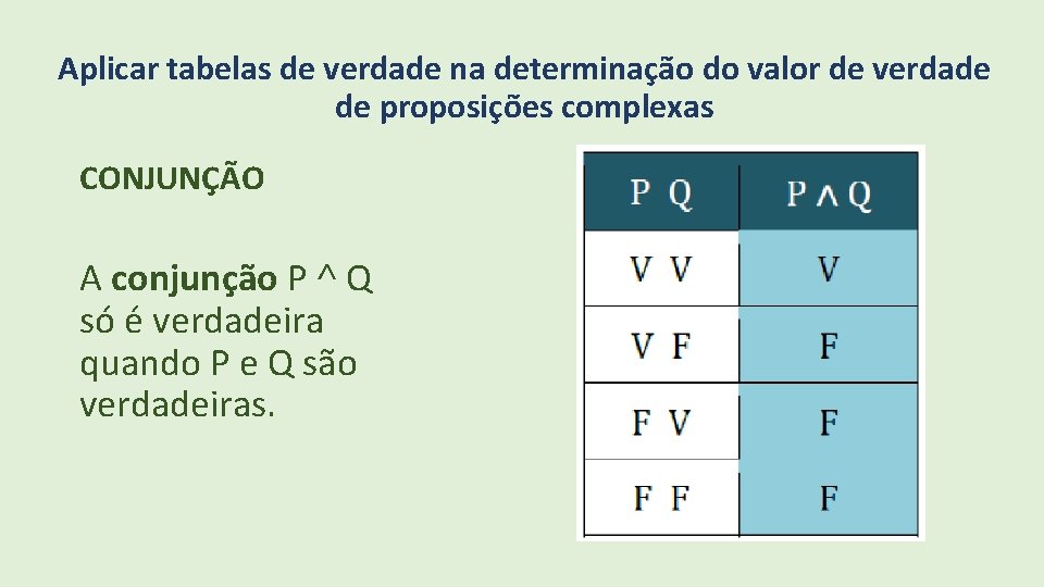 Aplicar tabelas de verdade na determinação do valor de verdade de proposições complexas CONJUNÇÃO